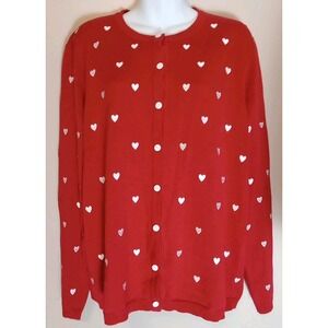Maurada Women Red White Embroidered Hearts Longsleeve Button Down Sweater Size L